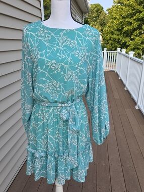 Flying Tomato Aqua Blue Floral Tiered Long-Sleeve Dress with Self-Tie Belt L